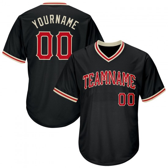 Custom Black Red-Cream Authentic Throwback Rib-Knit Baseball Jersey Shirt Custom Black Red-Cream Authentic Throwback Rib-Knit Baseball Jersey Shirt