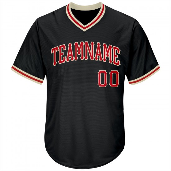 Custom Black Red-Cream Authentic Throwback Rib-Knit Baseball Jersey Shirt Custom Black Red-Cream Authentic Throwback Rib-Knit Baseball Jersey Shirt