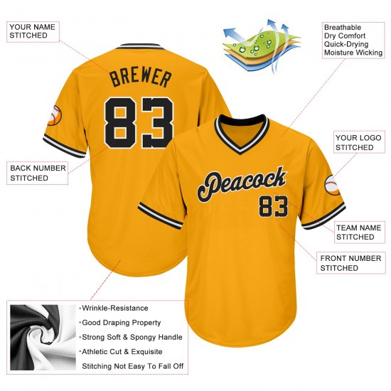 Custom Gold Black-White Authentic Throwback Rib-Knit Baseball Jersey Shirt Custom Gold Black-White Authentic Throwback Rib-Knit Baseball Jersey Shirt