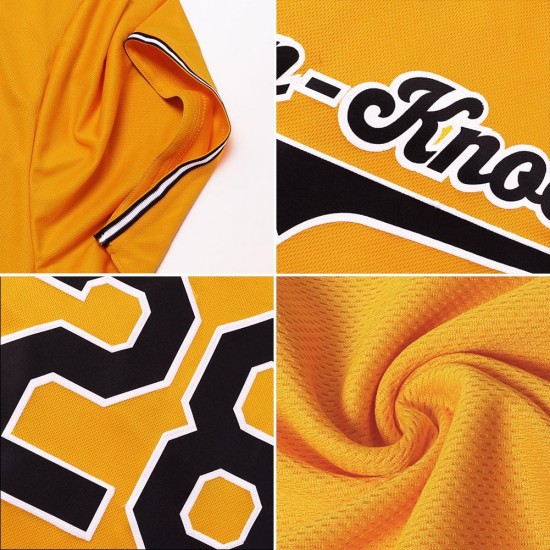 Custom Gold Black-White Authentic Throwback Rib-Knit Baseball Jersey Shirt Custom Gold Black-White Authentic Throwback Rib-Knit Baseball Jersey Shirt