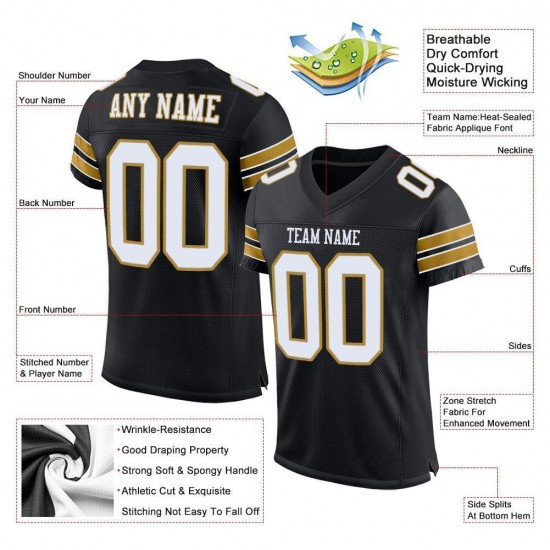 Custom Black White-Old Gold Mesh Authentic Football Jersey Custom Black White-Old Gold Mesh Authentic Football Jersey