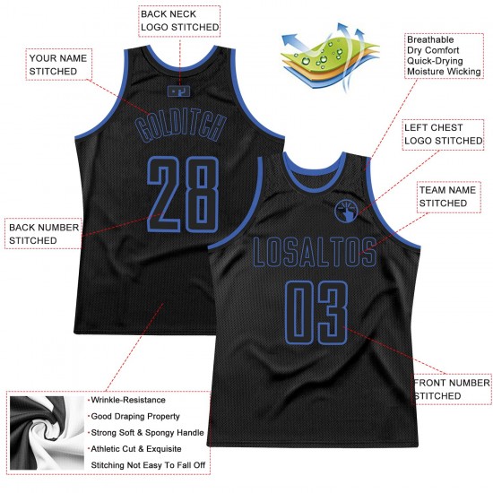 Custom Black Black-Blue Authentic Throwback Basketball Jersey Custom Black Black-Blue Authentic Throwback Basketball Jersey