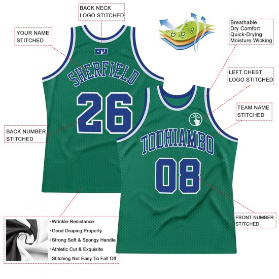 Custom Kelly Green Royal-White Authentic Throwback Basketball Jersey Custom Kelly Green Royal-White Authentic Throwback Basketball Jersey
