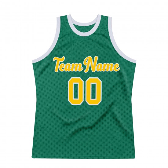 Custom Kelly Green Gold-White Authentic Throwback Basketball Jersey Custom Kelly Green Gold-White Authentic Throwback Basketball Jersey