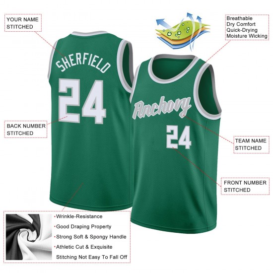 Custom Kelly Green White-Silver Gray Round Neck Rib-Knit Basketball Jersey Custom Kelly Green White-Silver Gray Round Neck Rib-Knit Basketball Jersey