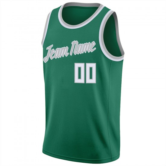 Custom Kelly Green White-Silver Gray Round Neck Rib-Knit Basketball Jersey Custom Kelly Green White-Silver Gray Round Neck Rib-Knit Basketball Jersey