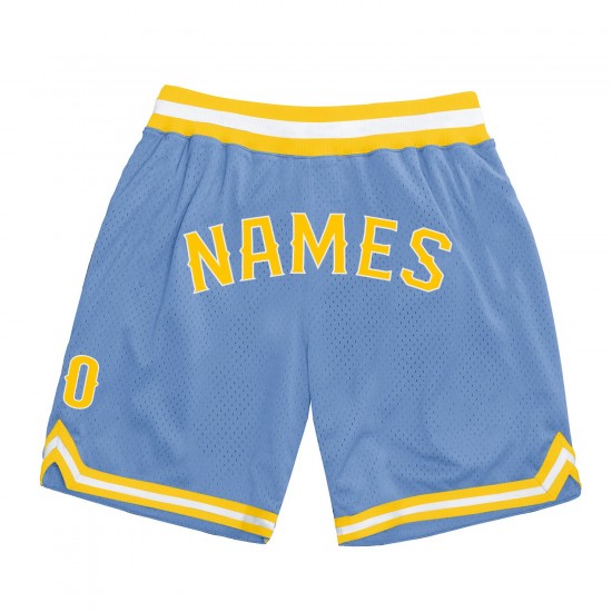Custom Light Blue Gold-White Authentic Throwback Basketball Shorts Custom Light Blue Gold-White Authentic Throwback Basketball Shorts