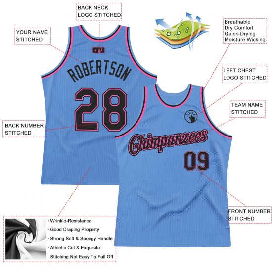 Custom Light Blue Black-Pink Authentic Throwback Basketball Jersey Custom Light Blue Black-Pink Authentic Throwback Basketball Jersey