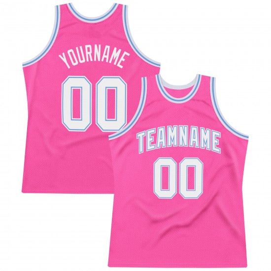 Custom Pink White-Light Blue Authentic Throwback Basketball Jersey Custom Pink White-Light Blue Authentic Throwback Basketball Jersey