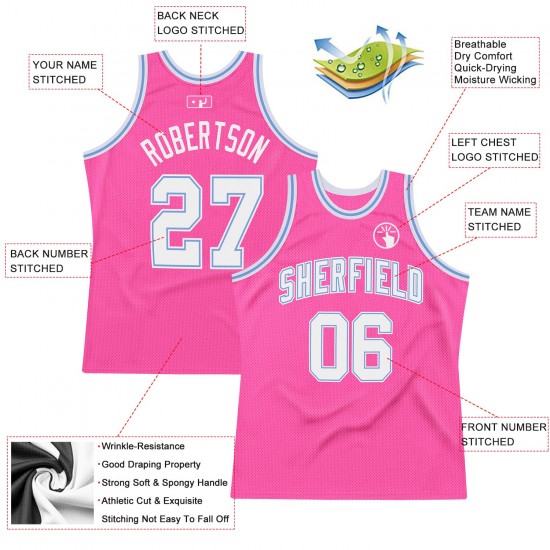 Custom Pink White-Light Blue Authentic Throwback Basketball Jersey Custom Pink White-Light Blue Authentic Throwback Basketball Jersey