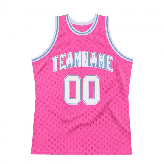 Custom Pink White-Light Blue Authentic Throwback Basketball Jersey Custom Pink White-Light Blue Authentic Throwback Basketball Jersey