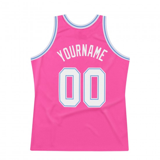 Custom Pink White-Light Blue Authentic Throwback Basketball Jersey Custom Pink White-Light Blue Authentic Throwback Basketball Jersey