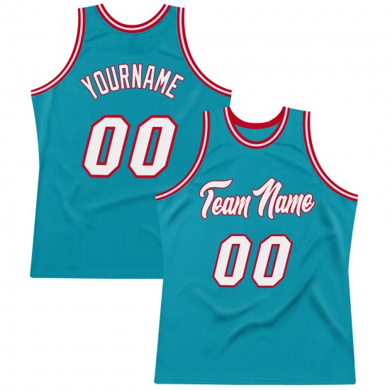 Custom Teal White-Red Authentic Throwback Basketball Jersey Custom Teal White-Red Authentic Throwback Basketball Jersey