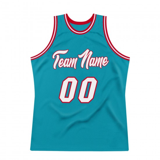 Custom Teal White-Red Authentic Throwback Basketball Jersey Custom Teal White-Red Authentic Throwback Basketball Jersey
