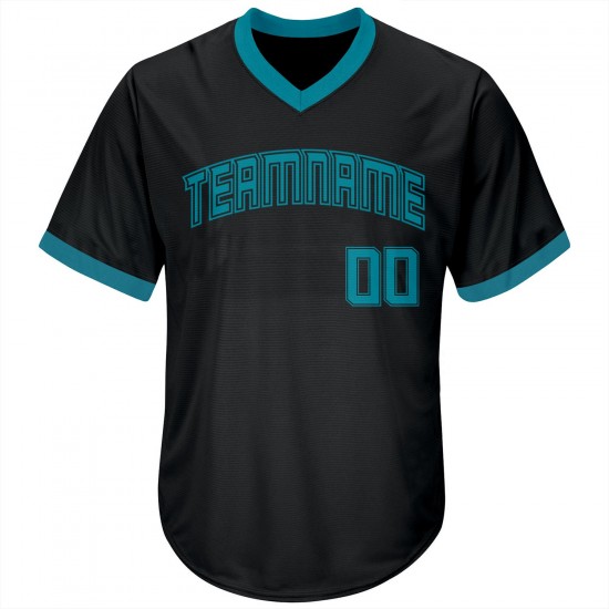 Custom Black Teal-Black Authentic Throwback Rib-Knit Baseball Jersey Shirt Custom Black Teal-Black Authentic Throwback Rib-Knit Baseball Jersey Shirt