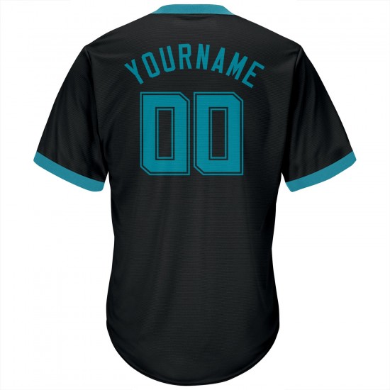 Custom Black Teal-Black Authentic Throwback Rib-Knit Baseball Jersey Shirt Custom Black Teal-Black Authentic Throwback Rib-Knit Baseball Jersey Shirt
