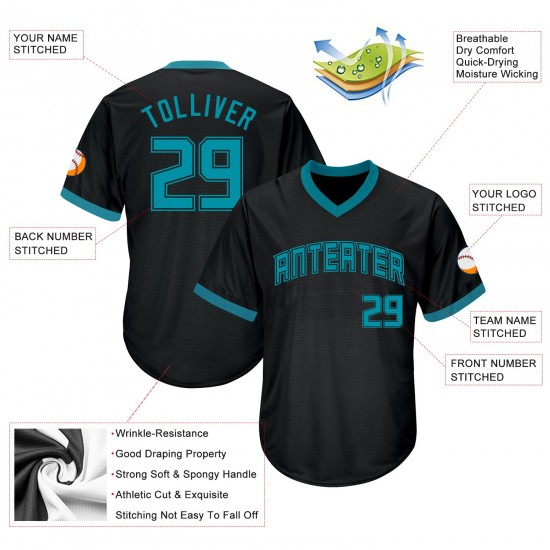 Custom Black Teal-Black Authentic Throwback Rib-Knit Baseball Jersey Shirt Custom Black Teal-Black Authentic Throwback Rib-Knit Baseball Jersey Shirt
