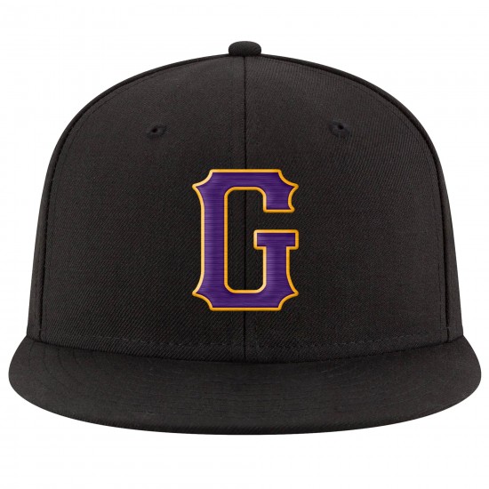 Custom Black Purple-Gold Stitched Adjustable Snapback Hat Custom Black Purple-Gold Stitched Adjustable Snapback Hat
