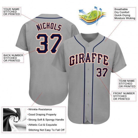 Custom Gray Navy-Orange Authentic Baseball Jersey Custom Gray Navy-Orange Authentic Baseball Jersey