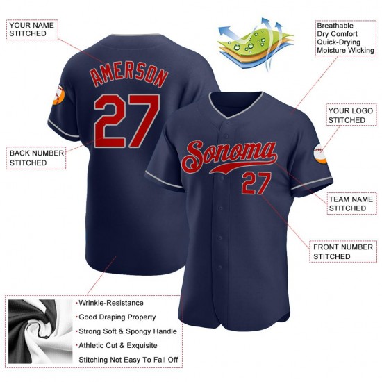 Custom Navy Red-Gray Authentic Baseball Jersey Custom Navy Red-Gray Authentic Baseball Jersey