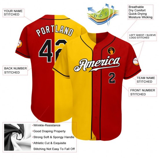 Custom Red Black-Gold Authentic Split Fashion Baseball Jersey Custom Red Black-Gold Authentic Split Fashion Baseball Jersey