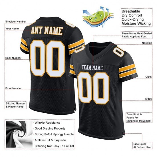 Custom Black White-Gold Mesh Authentic Football Jersey Custom Black White-Gold Mesh Authentic Football Jersey