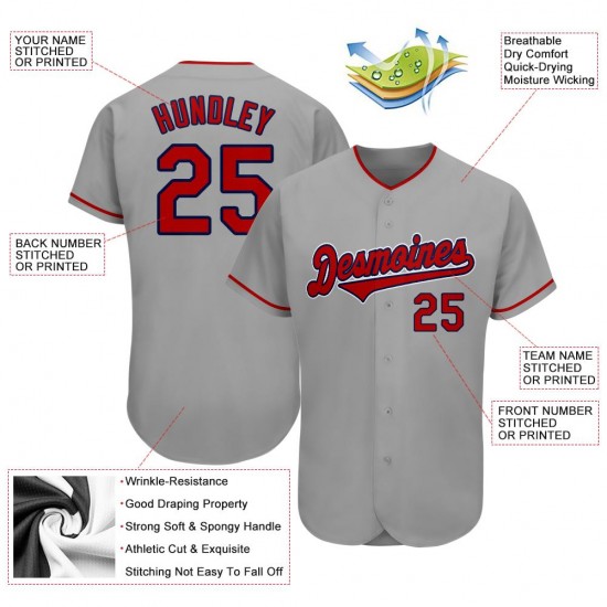 Custom Gray Red-Navy Authentic Baseball Jersey Custom Gray Red-Navy Authentic Baseball Jersey
