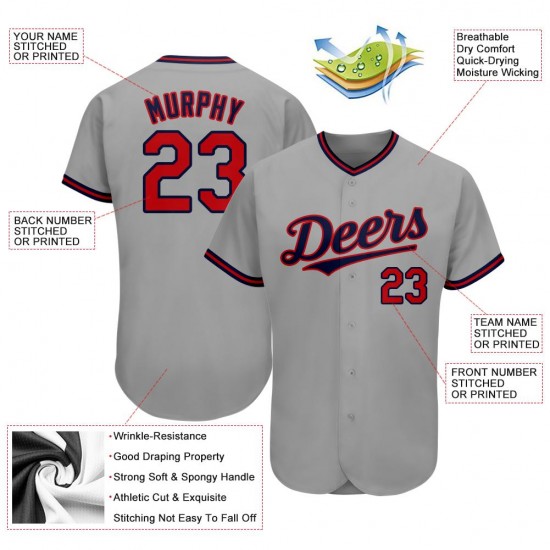 Custom Gray Red-Navy Authentic Baseball Jersey Custom Gray Red-Navy Authentic Baseball Jersey