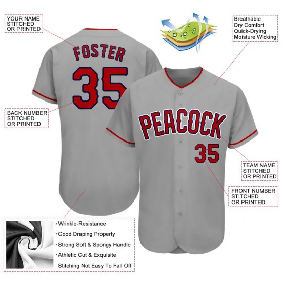 Custom Gray Red-Navy Authentic Baseball Jersey Custom Gray Red-Navy Authentic Baseball Jersey
